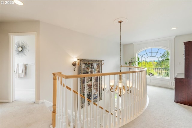 5711 SE Vista Ct, Milwaukie, OR 97267 - hall with an upstairs landing, carpet flooring, baseboards, and recessed lighting