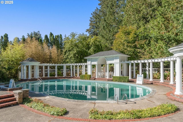 outdoor pool with a pergola and a patio area