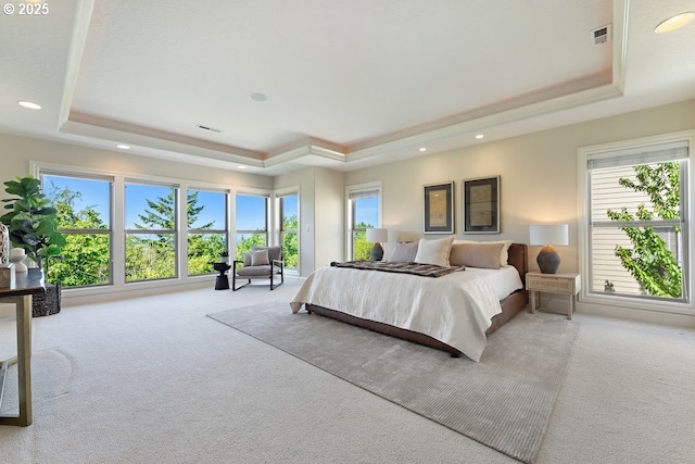 4055 NW Twilight Ter, Portland, OR 97229 - bedroom featuring a raised ceiling, carpet floors, multiple windows, and recessed lighting