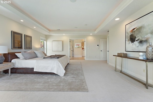 4055 NW Twilight Ter, Portland, OR 97229 - bedroom featuring a tray ceiling, light colored carpet, recessed lighting, and baseboards