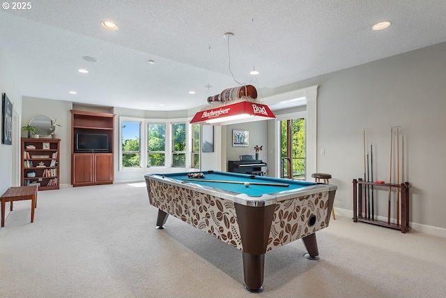 4055 NW Twilight Ter, Portland, OR 97229 - recreation room featuring light colored carpet, billiards table, a textured ceiling, recessed lighting, and baseboards