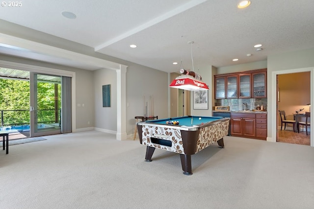 4055 NW Twilight Ter, Portland, OR 97229 - recreation room featuring light carpet, recessed lighting, billiards table, a sink, and baseboards