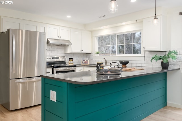 kitchen with pendant lighting, stainless steel appliances, white cabinets, kitchen peninsula, and light wood-type flooring