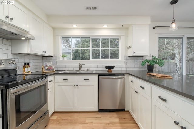 kitchen with sink, light wood-type flooring, pendant lighting, stainless steel appliances, and white cabinets