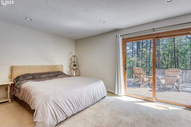 bedroom featuring carpet floors, recessed lighting, access to outside, and visible vents