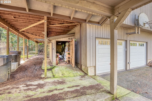 view of patio with a garage