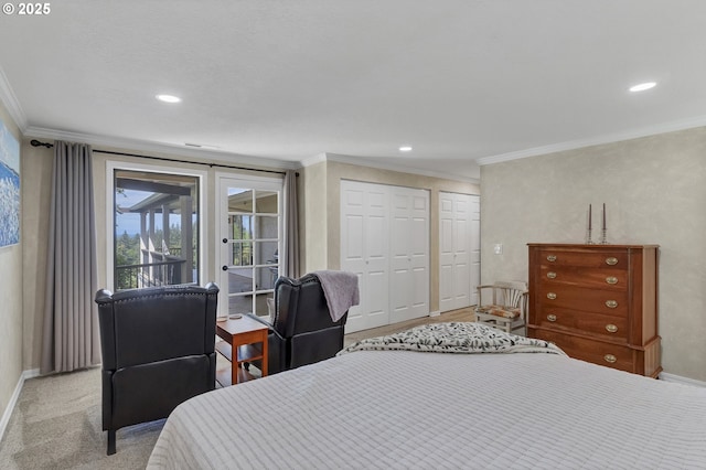 carpeted bedroom with baseboards, two closets, access to exterior, and crown molding