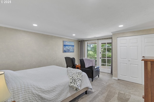 bedroom featuring recessed lighting, ornamental molding, carpet, and access to outside