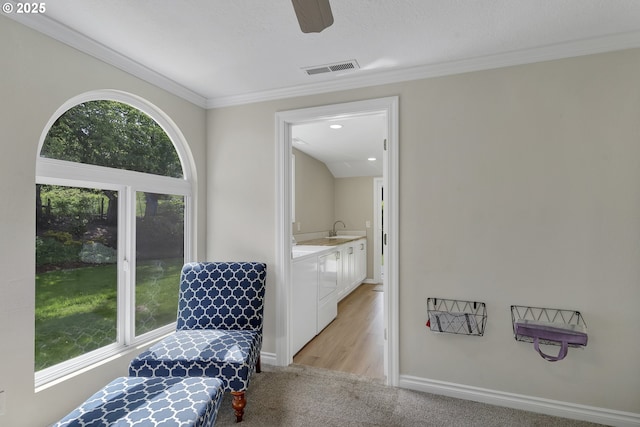 living area with a ceiling fan, baseboards, visible vents, light carpet, and crown molding