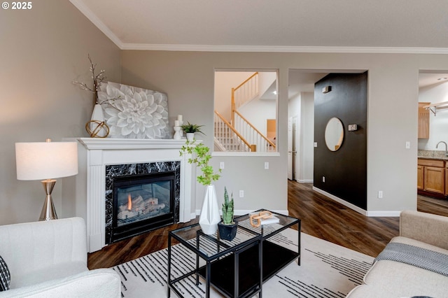 living room featuring a premium fireplace, dark wood-type flooring, and ornamental molding