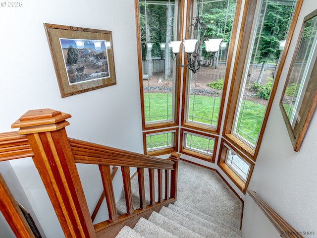 stairway featuring a chandelier, plenty of natural light, and carpet flooring