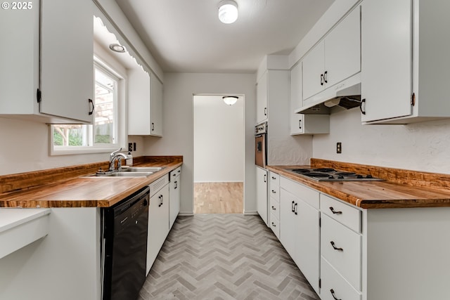 2220 Hayes St, Eugene, OR 97405 - kitchen with black dishwasher, a sink, wooden counters, electric stovetop, and under cabinet range hood