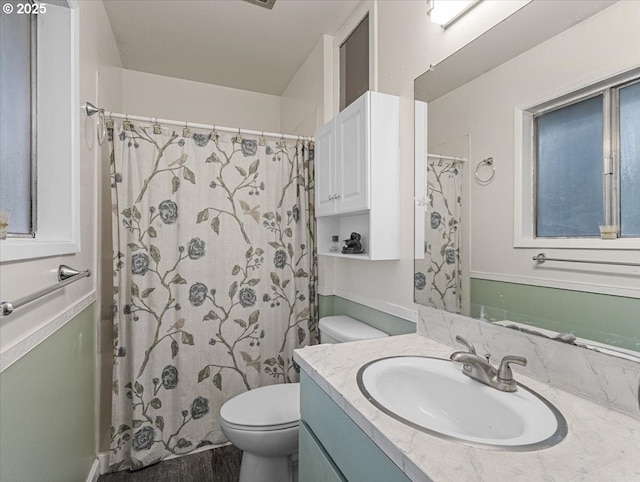 bathroom with vanity, curtained shower, and toilet