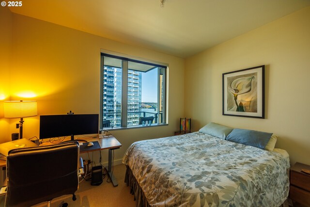 bedroom featuring carpet flooring, a desk, and baseboards