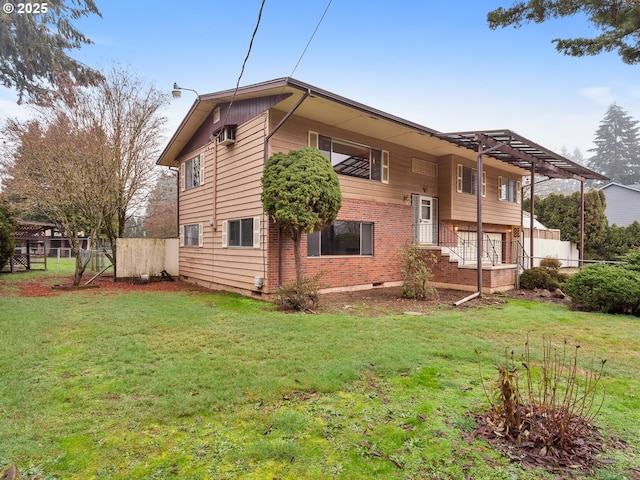 view of side of property with a wall unit AC, a lawn, and a pergola