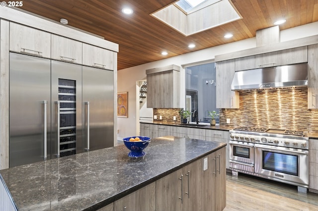 kitchen featuring high quality appliances, wood ceiling, under cabinet range hood, and a sink
