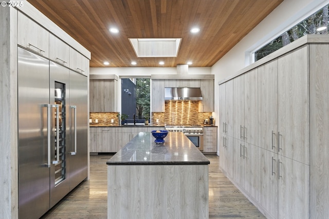 kitchen featuring high quality appliances, modern cabinets, a sink, wooden ceiling, and extractor fan