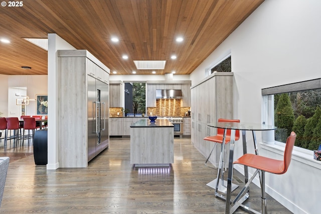 kitchen featuring extractor fan, modern cabinets, wooden ceiling, and a kitchen island