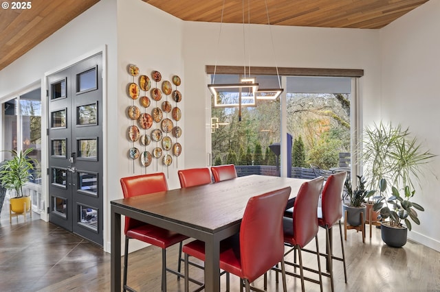 dining area with wood finished floors and wooden ceiling