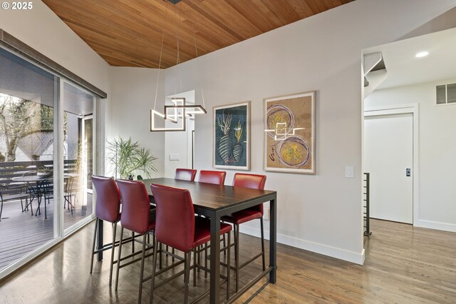 dining space featuring hardwood / wood-style floors and wooden ceiling