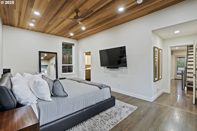 bedroom with baseboards, recessed lighting, dark wood-type flooring, ensuite bathroom, and wooden ceiling
