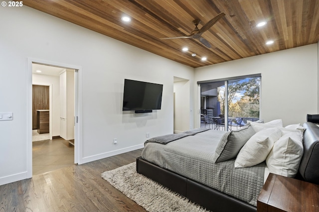 bedroom featuring recessed lighting, dark wood-type flooring, wood ceiling, and access to outside