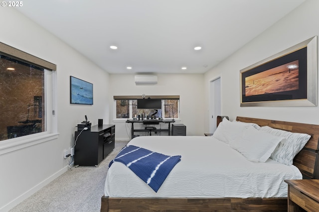 bedroom with recessed lighting, baseboards, a wall mounted air conditioner, and carpet floors