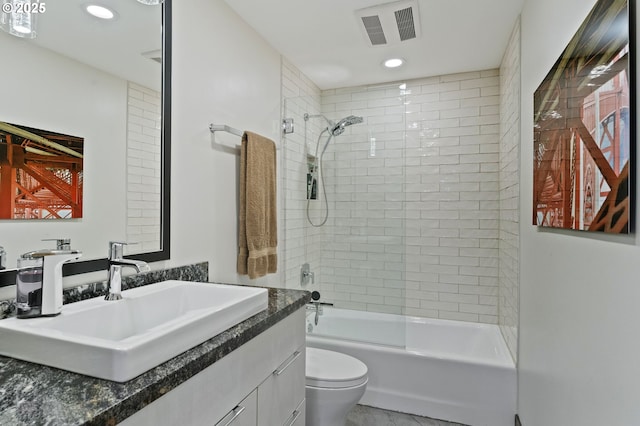 full bath featuring visible vents, toilet, recessed lighting, tub / shower combination, and vanity