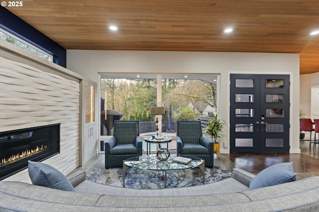 living room featuring recessed lighting, wooden ceiling, and wood finished floors