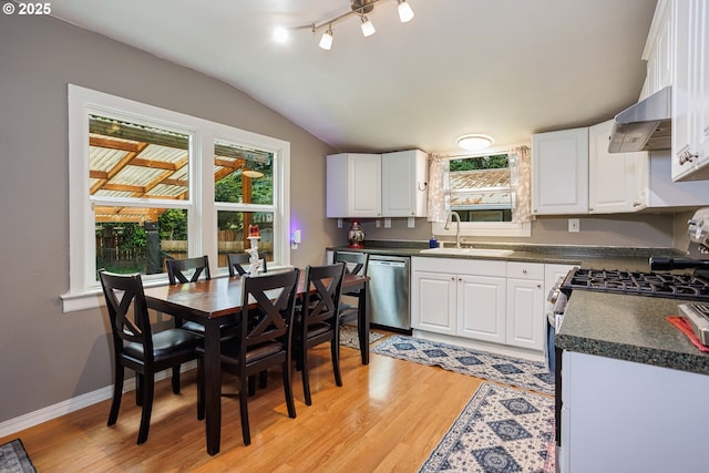 kitchen with a sink, range hood, dark countertops, light wood-type flooring, and stainless steel appliances