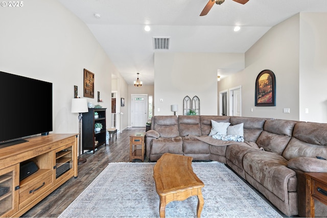 962 S 66th Pl, Springfield, OR 97478 - living area with vaulted ceiling, dark wood-style flooring, and a ceiling fan