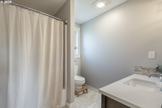 1366 Cramner St, Lafayette, OR 97127 - bathroom featuring vanity, toilet, shower / tub combo with curtain, and baseboards