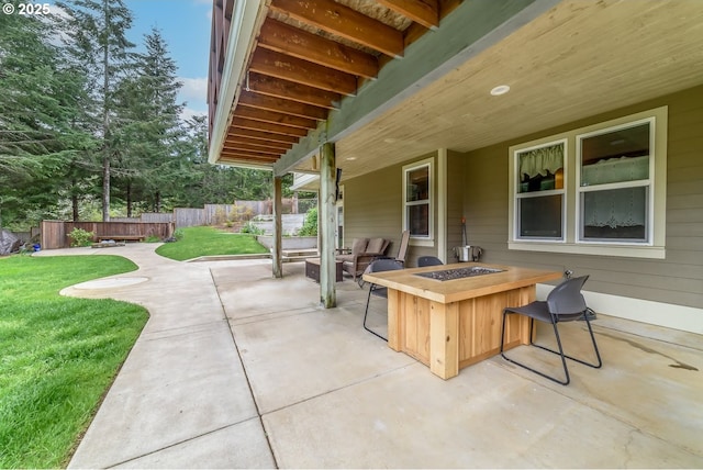 21626 Glaze Rd, Veneta, OR 97487 - view of patio / terrace featuring an outdoor fire pit and fence