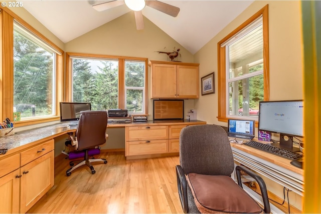 21626 Glaze Rd, Veneta, OR 97487 - office space with a ceiling fan, light wood-style flooring, built in study area, and vaulted ceiling