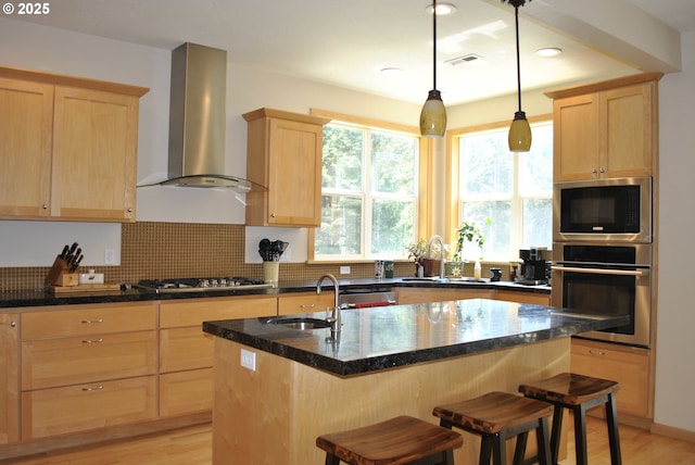 21626 Glaze Rd, Veneta, OR 97487 - kitchen featuring a sink, stainless steel appliances, light brown cabinetry, and wall chimney range hood