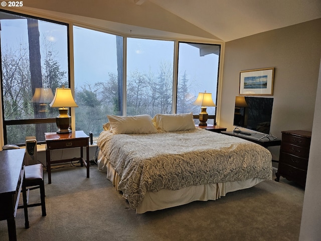 bedroom featuring carpet and vaulted ceiling