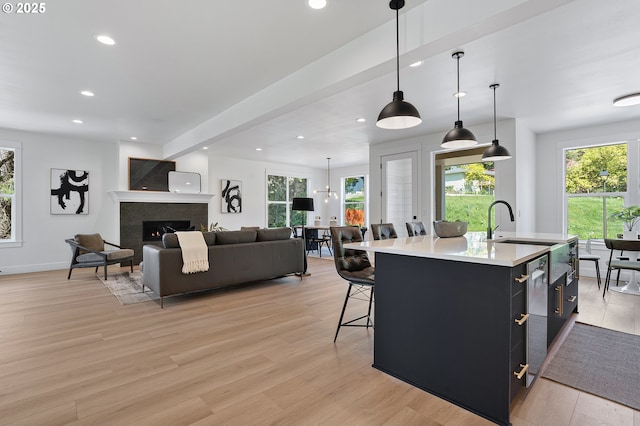 kitchen with light countertops, recessed lighting, a healthy amount of sunlight, and light wood finished floors