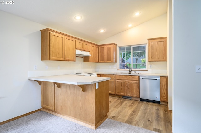 1301 E Sunset Dr, Newberg, OR 97132 - kitchen with dishwasher, a sink, under cabinet range hood, a peninsula, and recessed lighting