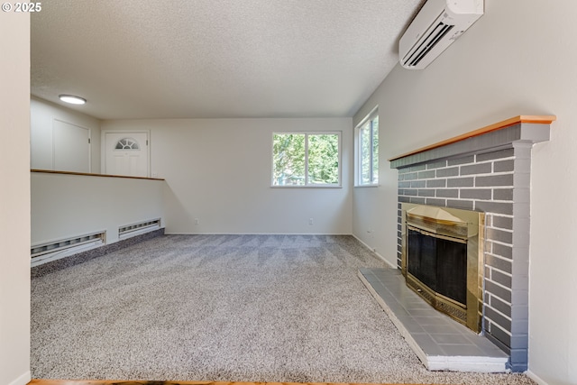 331 Limerick Ave, Eugene, OR 97404 - unfurnished living room with a wall unit AC, a textured ceiling, carpet, and a brick fireplace