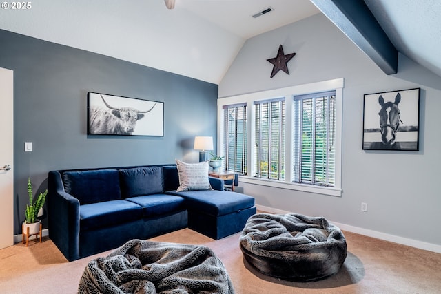 carpeted living room featuring lofted ceiling