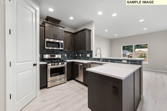 kitchen featuring light wood finished floors, stainless steel appliances, decorative backsplash, dark brown cabinetry, and a peninsula