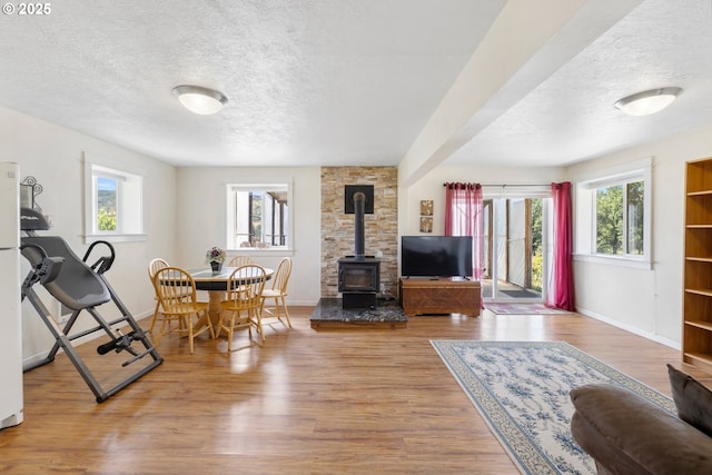 5073 Chenoweth Rd, The Dalles, OR 97058 - living room featuring a textured ceiling, a wood stove, plenty of natural light, baseboards, and wood finished floors