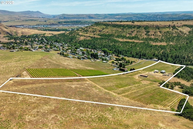 5073 Chenoweth Rd, The Dalles, OR 97058 - aerial view of sparsely populated area with property parcel outlined, rows of crops, and a mountain backdrop