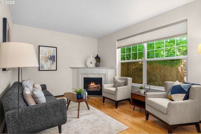 sitting room with light wood-style floors and a high end fireplace
