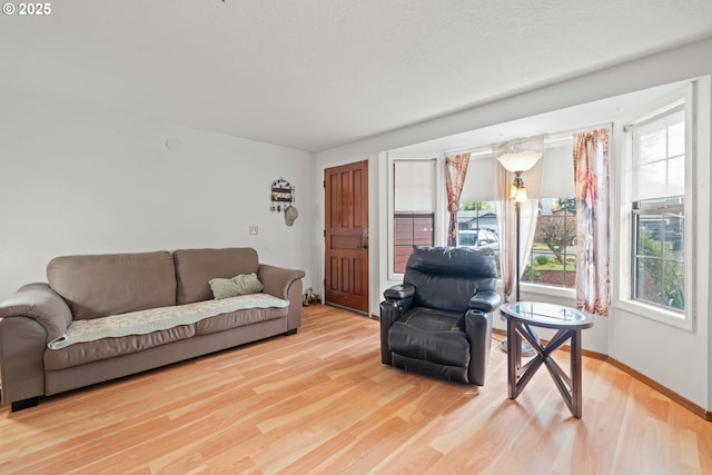 living area featuring light wood finished floors and baseboards