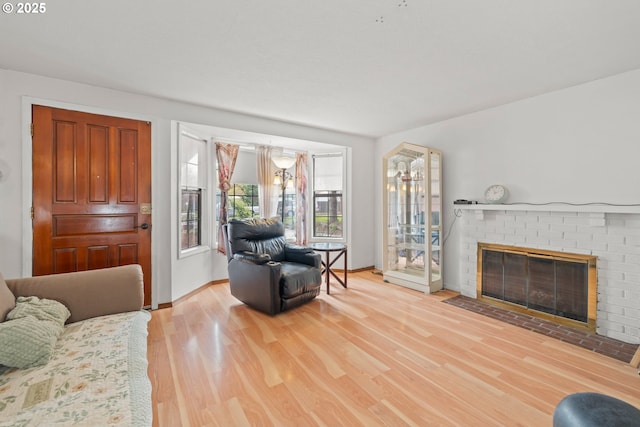 living area featuring baseboards, wood finished floors, and a fireplace