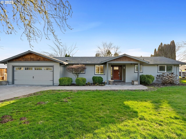 ranch-style home with an attached garage, driveway, and a front lawn