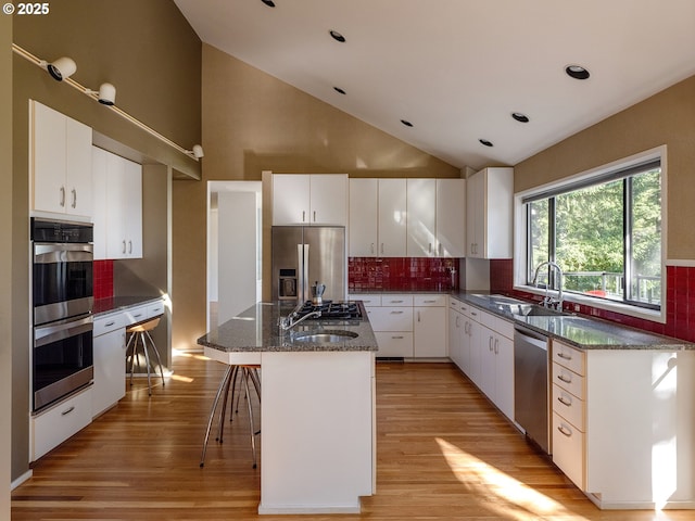 3342 SW Fairmount Blvd, Portland, OR 97239 - kitchen featuring a sink, appliances with stainless steel finishes, light wood-style flooring, decorative backsplash, and high vaulted ceiling