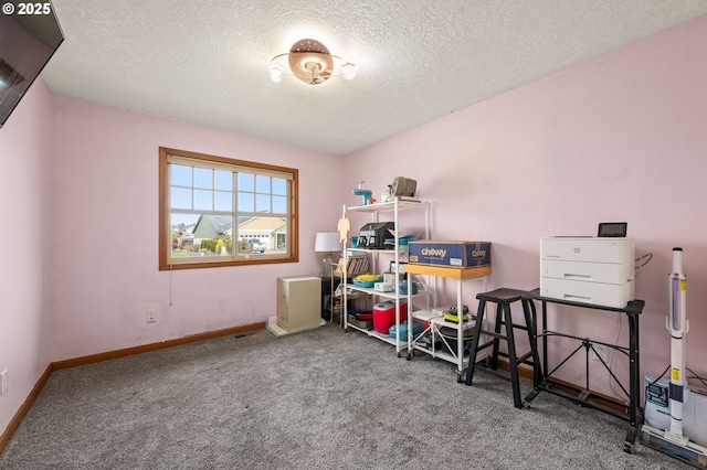 interior space featuring carpet, a textured ceiling, and baseboards