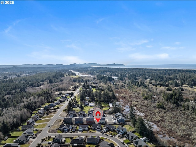 drone / aerial view with a mountain view and a forest view